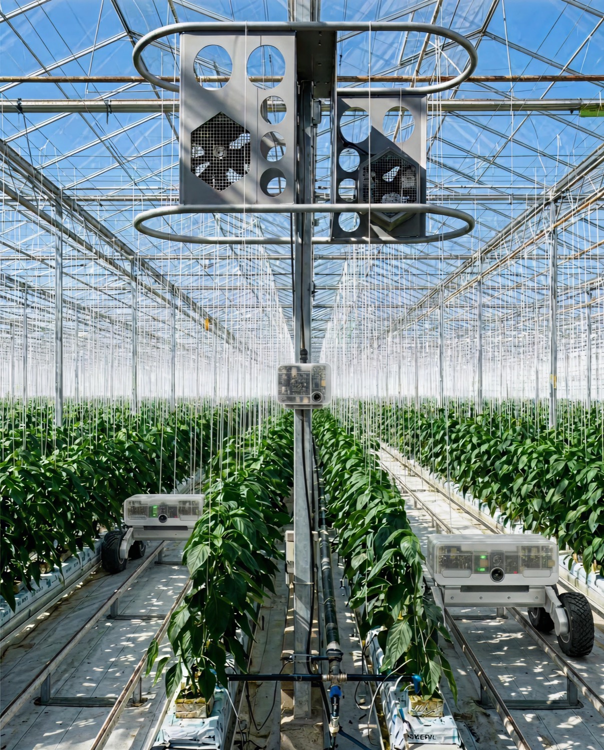 A hexafarms scouting robot rolling through greenhouse crop rows